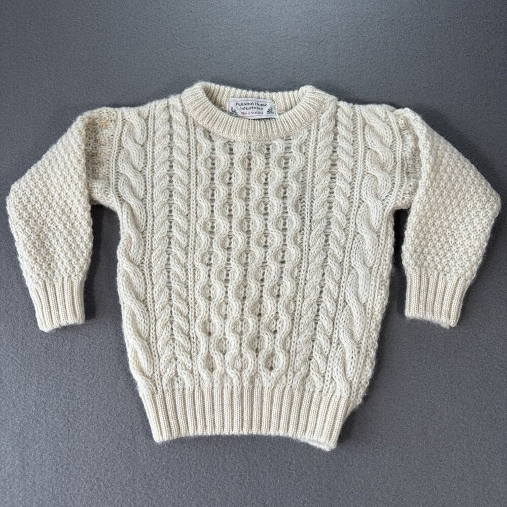 Highland Home Industries Pure New Wool Cable Sweater Toddler Beige Made Scotland